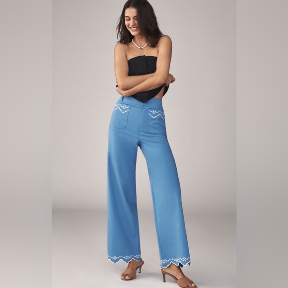 THE COLETTE LACE TRIM FULL-LENGTH WIDE-LEG PANTS MAEVE in Bright Cornflower NEW - Picture 2 of 5